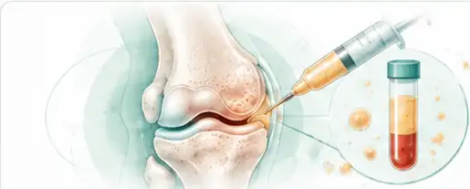 Illustration of platelet-rich plasma being injected into a knee joint with a separated plasma sample